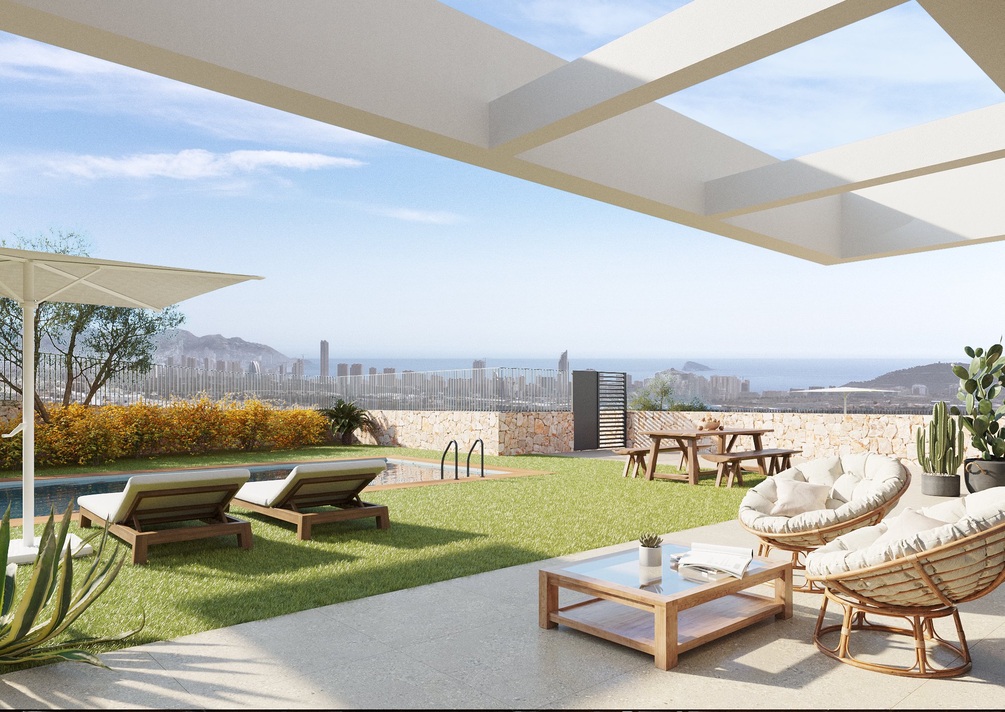 �berdachte Terrasse eines Neubau-Chalets an der Costa Blanca mit Loungebereich und Weitblick