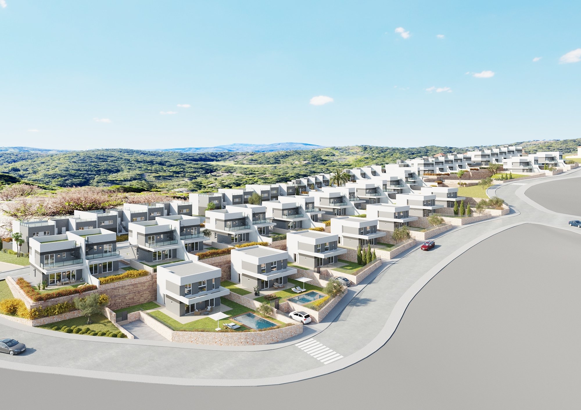 Luftaufnahme der Wohnanlage Balc�n de Finestrat � schl�sselfertige Chalets in ruhiger H�gellage bei Benidorm � von Wedel Ferien- und Investmentimmobilien