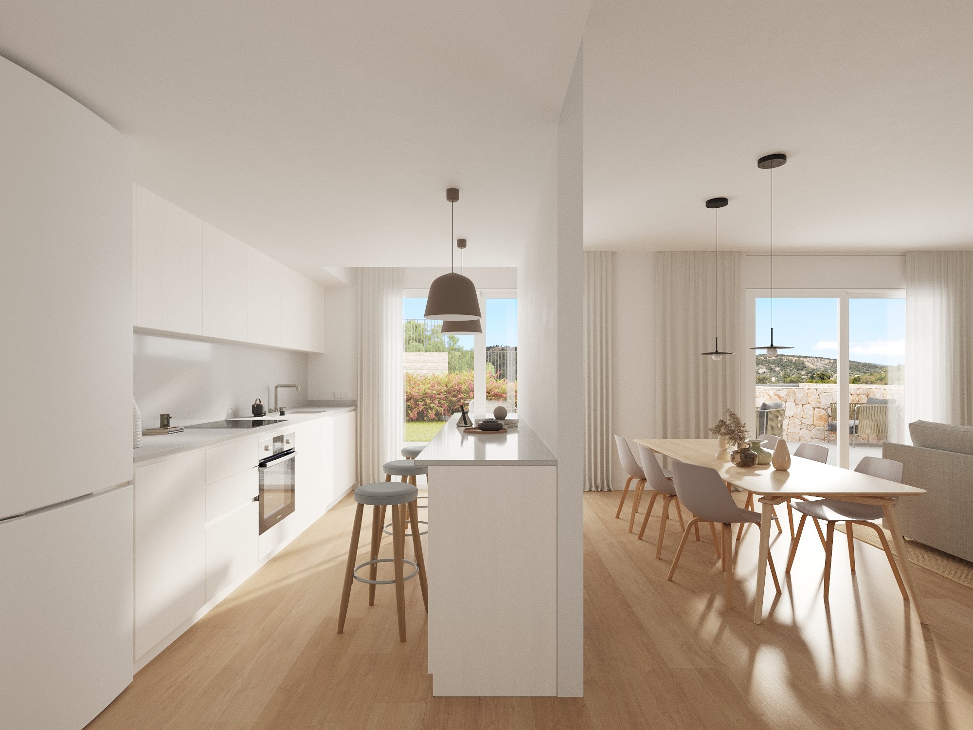 Offene K�che mit Wohnbereich in einem Neubau-Chalet an der Costa Blanca � hochwertiges Interieur in Wei� und Holz
