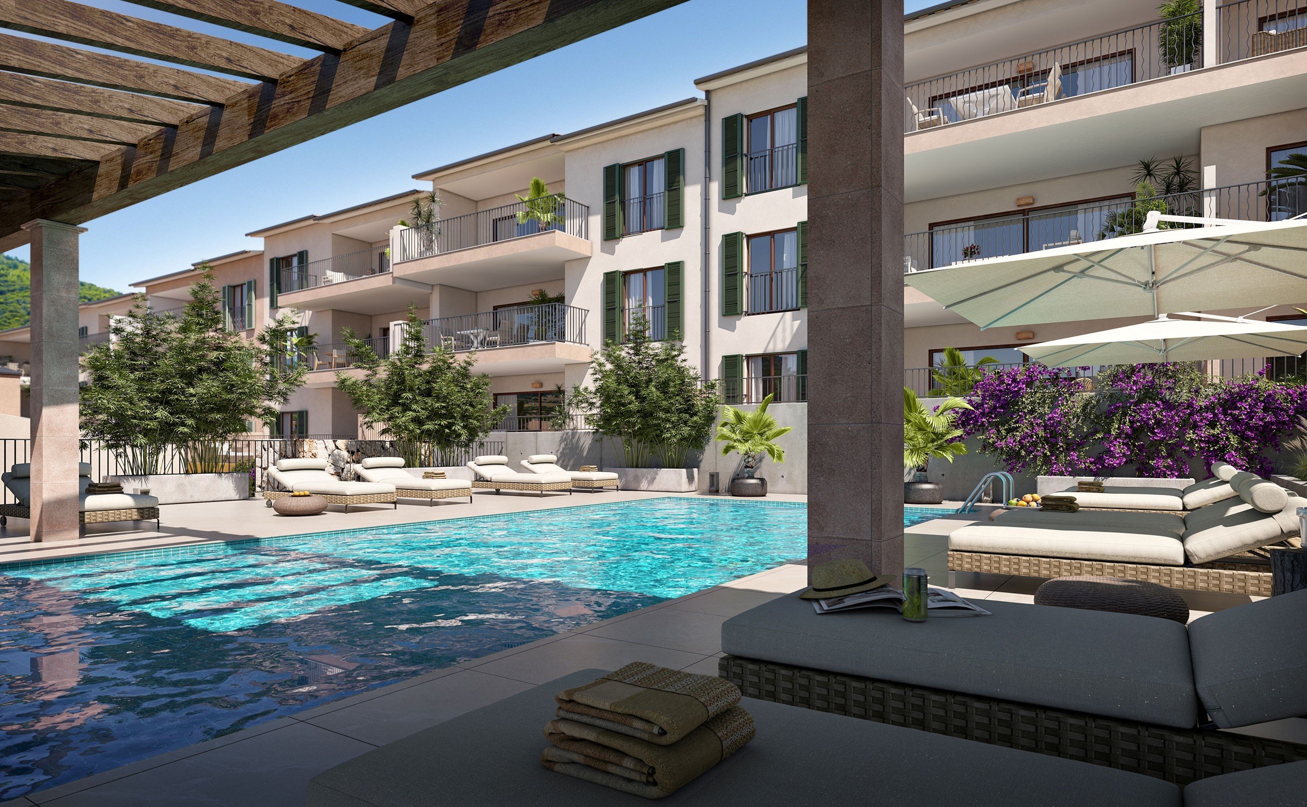 Gemeinschaftspool mit Loungebereich in der Neubau-Wohnanlage Capdepera, Mallorca
